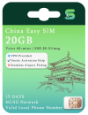 China Easy SIM Card for 20 days, supporting 4G/5G network and providing a valid local phone number. Features include 20GB data plan, 60+minutes voice call, VPN access, no activation required, and seamless airport pickup.