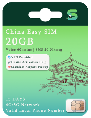 China Easy SIM Card for 20 days, supporting 4G/5G network and providing a valid local phone number. Features include 20GB data plan, 60+minutes voice call, VPN access, no activation required, and seamless airport pickup.