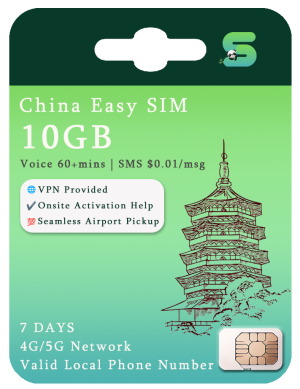 China Easy SIM Card for 7 days, supporting 4G/5G network and providing a valid local phone number. Features include 10GB data plan, 60+minutes voice call, VPN access, no activation required, and seamless airport pickup.