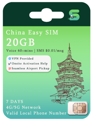 China Easy SIM Card for 7 days, supporting 4G/5G network and providing a valid local phone number. Features include 20GB data plan, 60+minutes voice call, VPN access, no activation required, and seamless airport pickup.