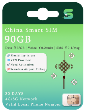 China Smart SIM Card with ¥300 storage for 30 days, supporting 4G/5G network and providing a valid local phone number. Features include flexibility in use, VPN access, activation required, and seamless airport pickup. Rates: ¥3 per GB for data, ¥0.2 per minute for voice calls, and ¥0.1 per SMS.