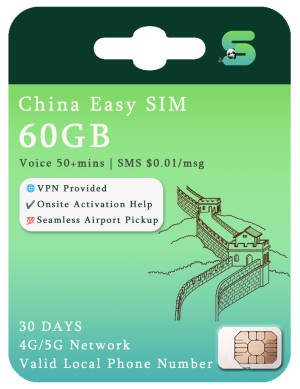 China Easy SIM Card for 30 days, supporting 4G/5G network and providing a valid local phone number. Features include 20GB data plan, 50+minutes voice call, VPN access, no activation required, and seamless airport pickup.